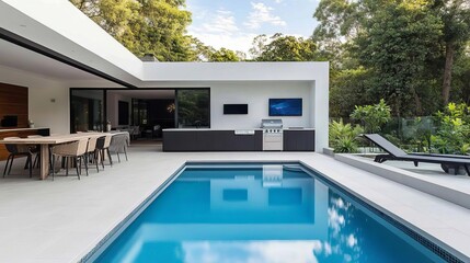 Fototapeta premium Poolside outdoor kitchen with sleek modern furniture and integrated appliances