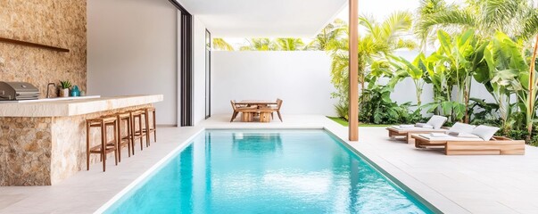 Poolside outdoor kitchen with a swim-up bar, tropical accents, and a stone backsplash