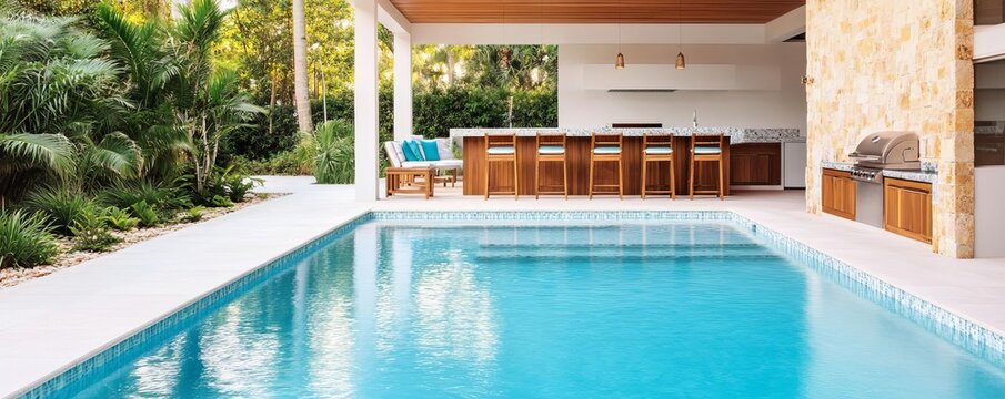 Poolside outdoor kitchen with a swim-up bar, tropical accents, and a stone backsplash - Powered by Adobe
