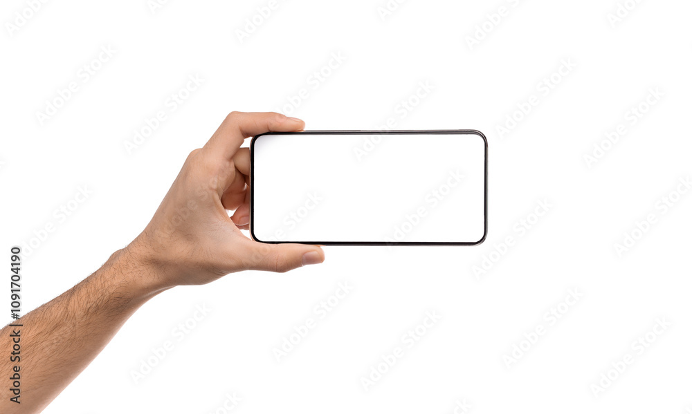 Poster man's hand holding modern smartphone with blank screen in horizontal orientation for mockup, copy sp