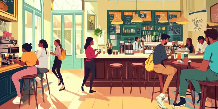 A bustling cafÃ© with diverse customers enjoying cultural drinks, vibrant urban setting
