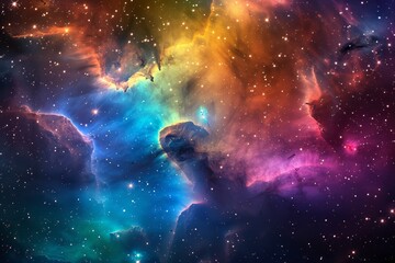 Naklejka premium A stunning nebula showcases swirling clouds of gas and dust illuminated in brilliant colors against a backdrop of countless stars in the vastness of space.