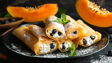 Papaya crepes rolled with cream cheese filling, dusted with powdered sugar and papaya slices on the side