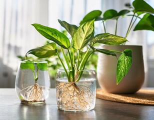 propagated roots of epipremnum aureum houseplant in water in glass vase indoor plants in ceramic pots on the table epipremnum and syngonium indoor gardening botany hobby