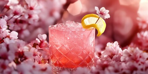 A cherry blossom-inspired drink with pink hues, garnished with cherry blossoms and a lemon twist
