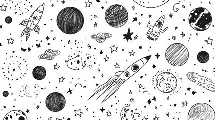 Playful doodles depict planets, stars, astronauts, and rockets in a whimsical style, capturing the imagination of outer space adventures. Generative AI
