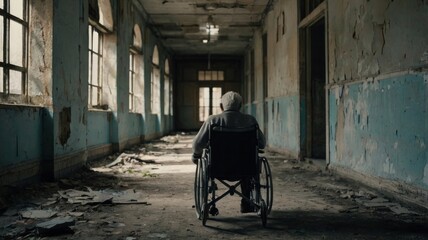 Obraz premium Sad elderly man in wheelchair sits alone among ruins of old hospital corridor
