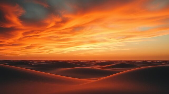 A vibrant orange hue permeates the sky as day transitions to night, illuminating a vast expanse of rolling sand and shimmering water, clouds, picturesque