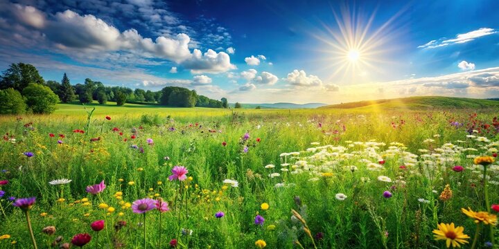 A vibrant green meadow filled with wildflowers and tall grasses in a sunny field, green landscape, leafy greens, grasses, botanicals