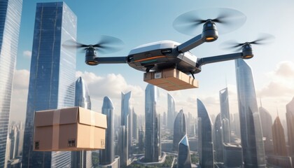 a futuristic courier drone delivering a package to a high-tech city skyscraper