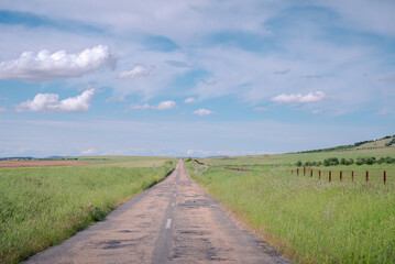A scenic rural road stretching into the horizon, surrounded by vibrant green fields and a clear...