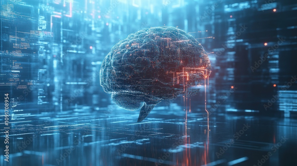Poster futuristic digital brain visualization surrounded by abstract data patterns and networks, representi