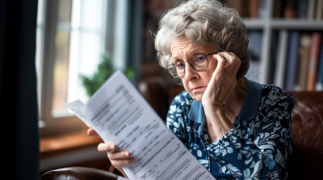 Older woman reading document that made her frustrated, receive bad, upsetting news related to financial troubles