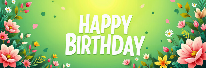 Fototapeta premium Birthday card with a green background, featuring pink flowers and green leaves, in a playful cartoon style.