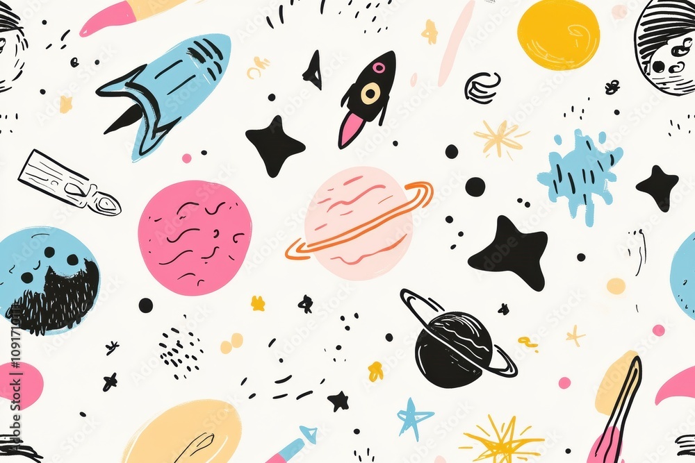 Aufkleber Colorful doodles feature various planets, stars, rockets, and astronauts creating a fun and imaginative representation of outer space adventure. Generative AI