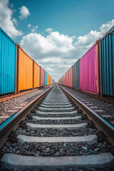 Fototapeta premium Bunte Container entlang der Gleise unter wolkigem Himmel