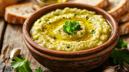 Celery soup in a rustic bowl, served with toasted bread and garnished with olive oil and parsley