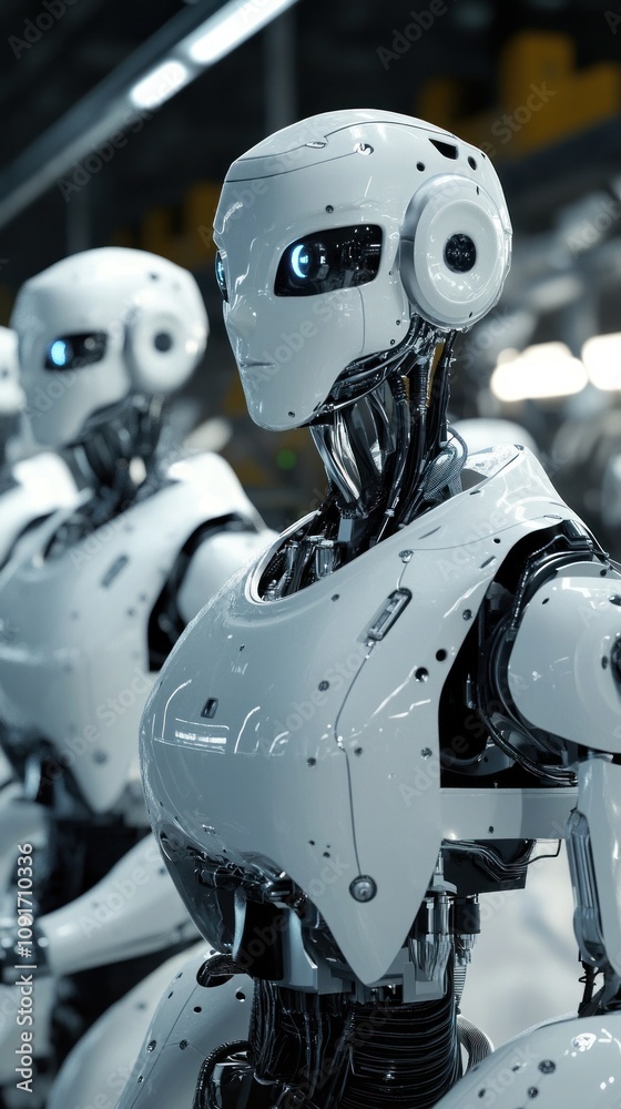 Poster futuristic humanoid robots in a high-tech manufacturing environment showcasing advanced technology a