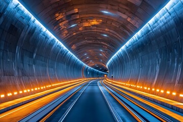 Illuminated tunnel with vibrant lighting and smooth roadway