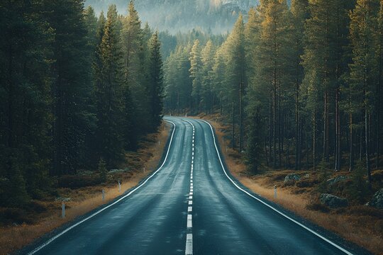 Winding road through dense forest on a misty morning