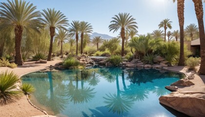 Fototapeta premium serene desert oasis with a sparkling blue pond and palm trees
