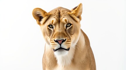 Obraz premium Majestic lioness gazes directly at the camera in a bright, simple background showcasing her beauty and strength