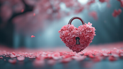 heart-shaped padlock made of flowers, red rose petals