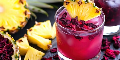 A refreshing Ghanaian sobolo drink with dried hibiscus petals and fresh pineapple garnish