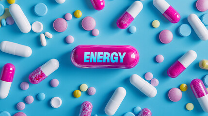 ENERGY pill on color background, text energy