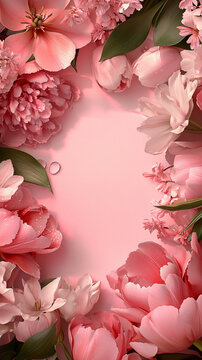 Pink floral frame with pions and green leaves.