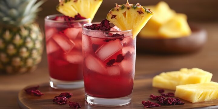 A refreshing Ghanaian sobolo drink with dried hibiscus petals and fresh pineapple garnish
