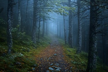 Obraz premium Serene forest path enveloped in morning mist and fog