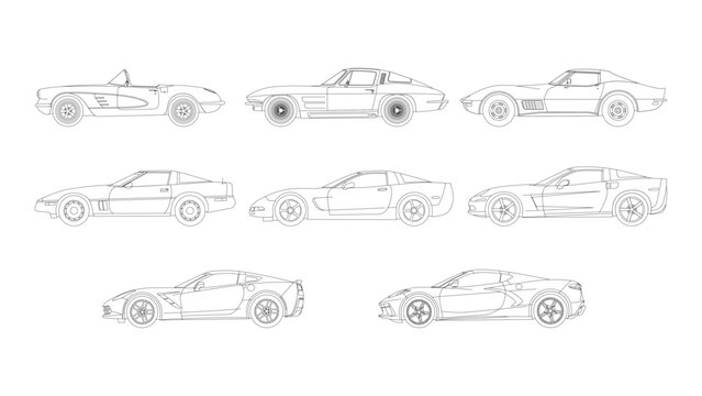 Set of  Chevrolet Corvette USA Legendary Sport Car Coupe Vector Speed Heritage History Classic Power 