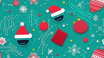 Futuristic holiday seamless design with Santa hats, ornaments, and tech-inspired circuit patterns on teal background

