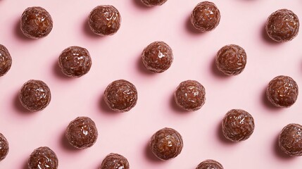 Obraz premium Date energy bites arranged in a neat pattern, isolated on a pastel background with minimalist decor