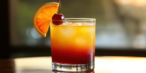 A simple tequila sunrise with layered orange and red hues, garnished with a cherry and orange slice