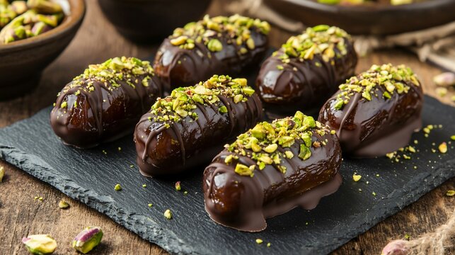 Dates coated in dark chocolate and sprinkled with crushed pistachios, presented on a slate platter