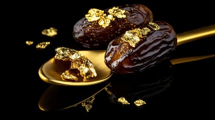 Naklejka premium Dates garnished with edible gold flakes, isolated on a luxurious black background with a golden spoon