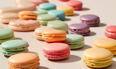 Fototapeta premium Colorful Macarons placed in a row on a light, neutral background