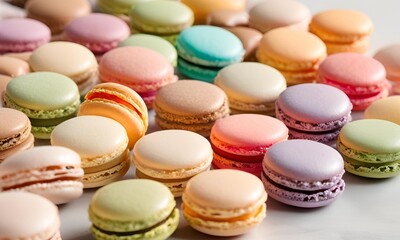 Obraz premium Colorful Macarons placed in a row on a light, neutral background