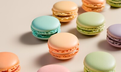Obraz premium Colorful Macarons placed in a row on a light, neutral background