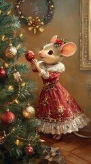 Obraz premium Mouse girl adorned in a beautiful dress delicately decorates a charming christmas tree