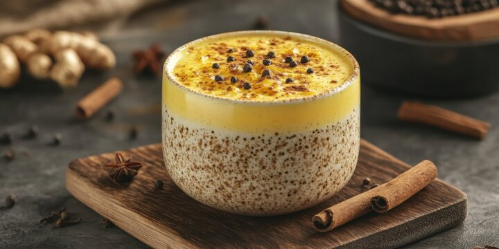 A spiced turmeric latte in a ceramic cup, sprinkled with black pepper and cinnamon