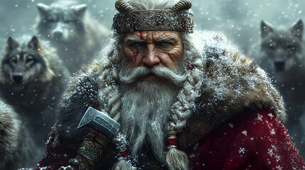 Viking Santa with a long braided beard in a snowy winter setting