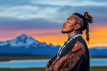 Man in Traditional Attire with Mountain Background at Sunset 