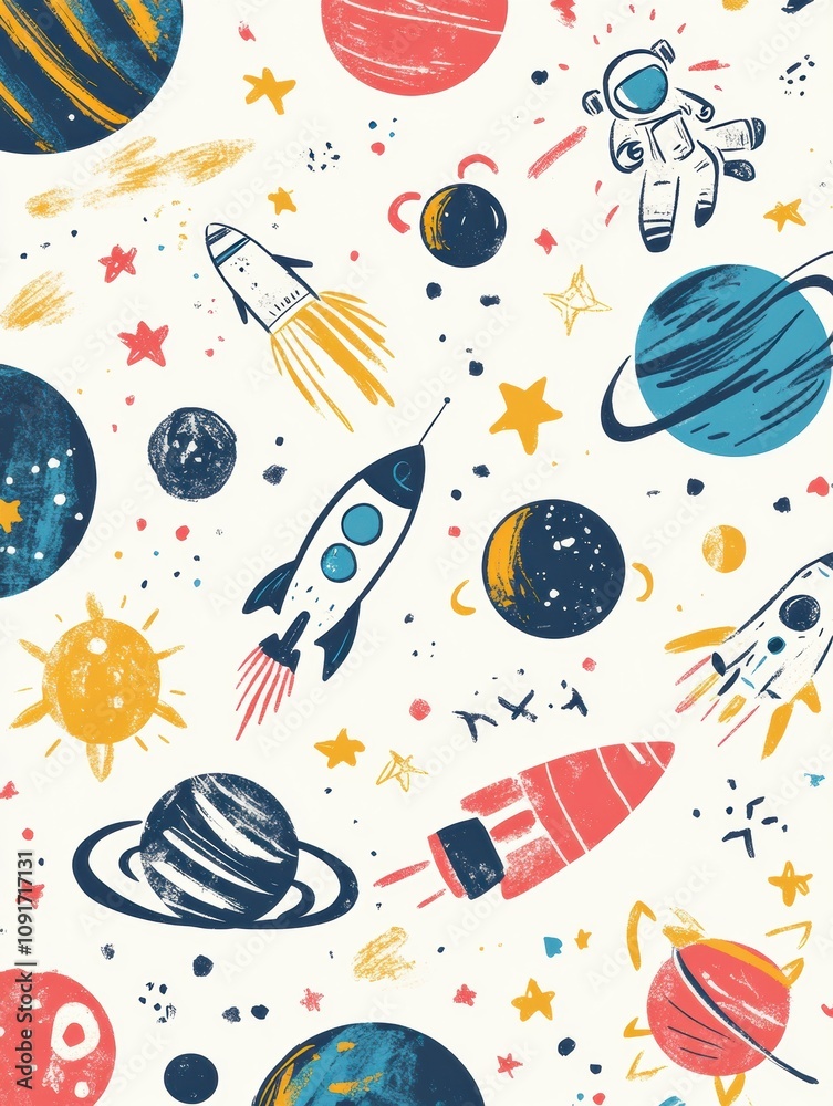 Poster colorful and playful doodles showcase a whimsical cosmos filled with planets, stars, astronauts, and