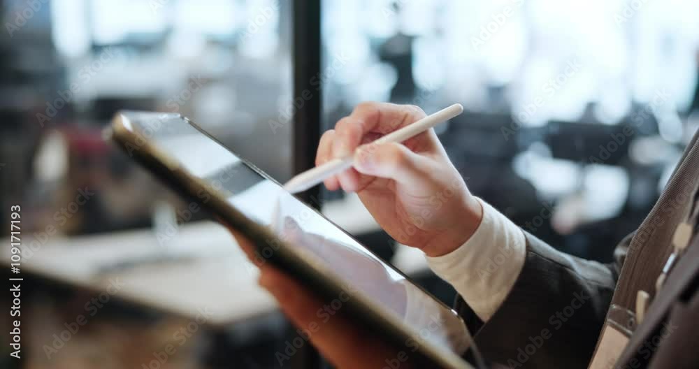 Poster hands, businessman and tablet with stylus for scroll, digital and documents for signature in company