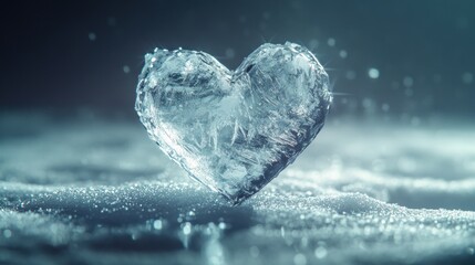 Obraz premium Jagged ice heart resting on a snowy surface, showcasing rough crystalline textures and intricate frozen details. Water droplets bead along the edges, capturing a raw winter aesthetic.