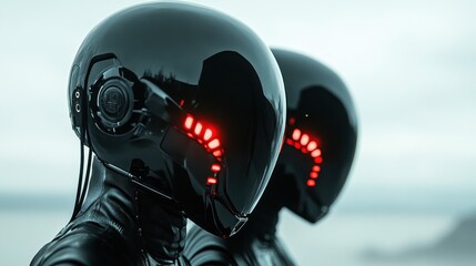 Two black cyber helmets adorned with red sensors gaze towards a horizon, suggesting themes of exploration, future potential, and cybernetic advancement.