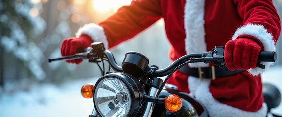Fototapeta premium Close-up of Santa Claus's hands on the handlebars of a motorcycle, dressed in a festive suit with a snowy background